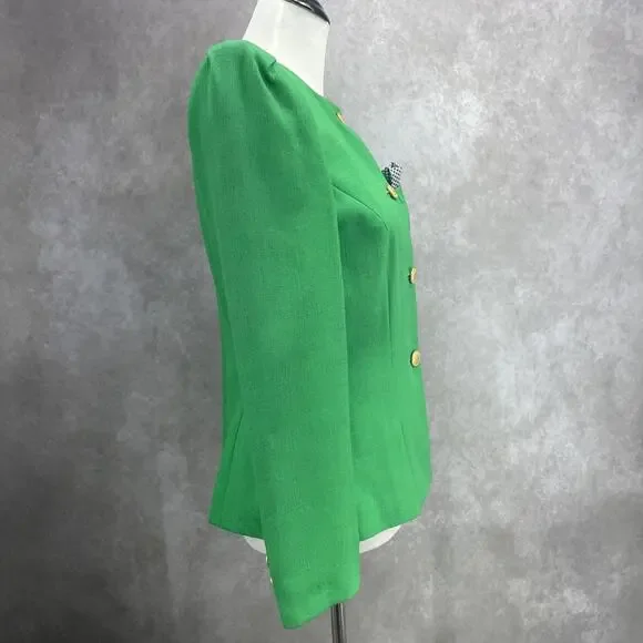Vintage Sassoon Womens 10 Bright Green Peplum Blazer Gold Buttons Retro Career - Picture 5 of 9